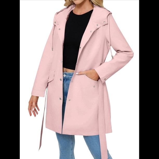 Chaqueta Impermeable con Capucha Clásica para Mujer, con Cinturón y Cordón para Actividades Al Aire Libre, Cortavientos Rosa M