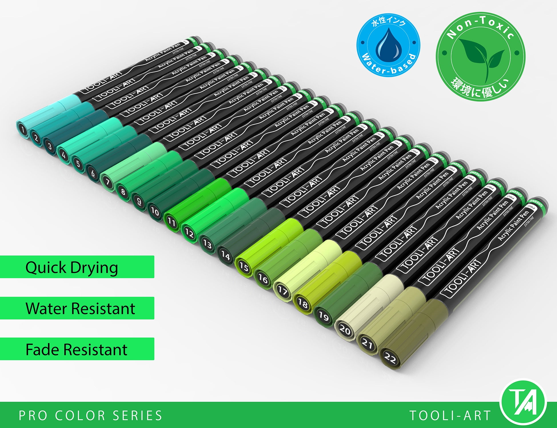 Tooli-Art  Acrylic Paint Pens Assorted Green Pro Color Series Markers for Rock Painting, Glass, Mugs, Wood, Metal, Canvas with 0.7mm Extra Fine Tip Waterbased, Quick Drying Marker Set of 22