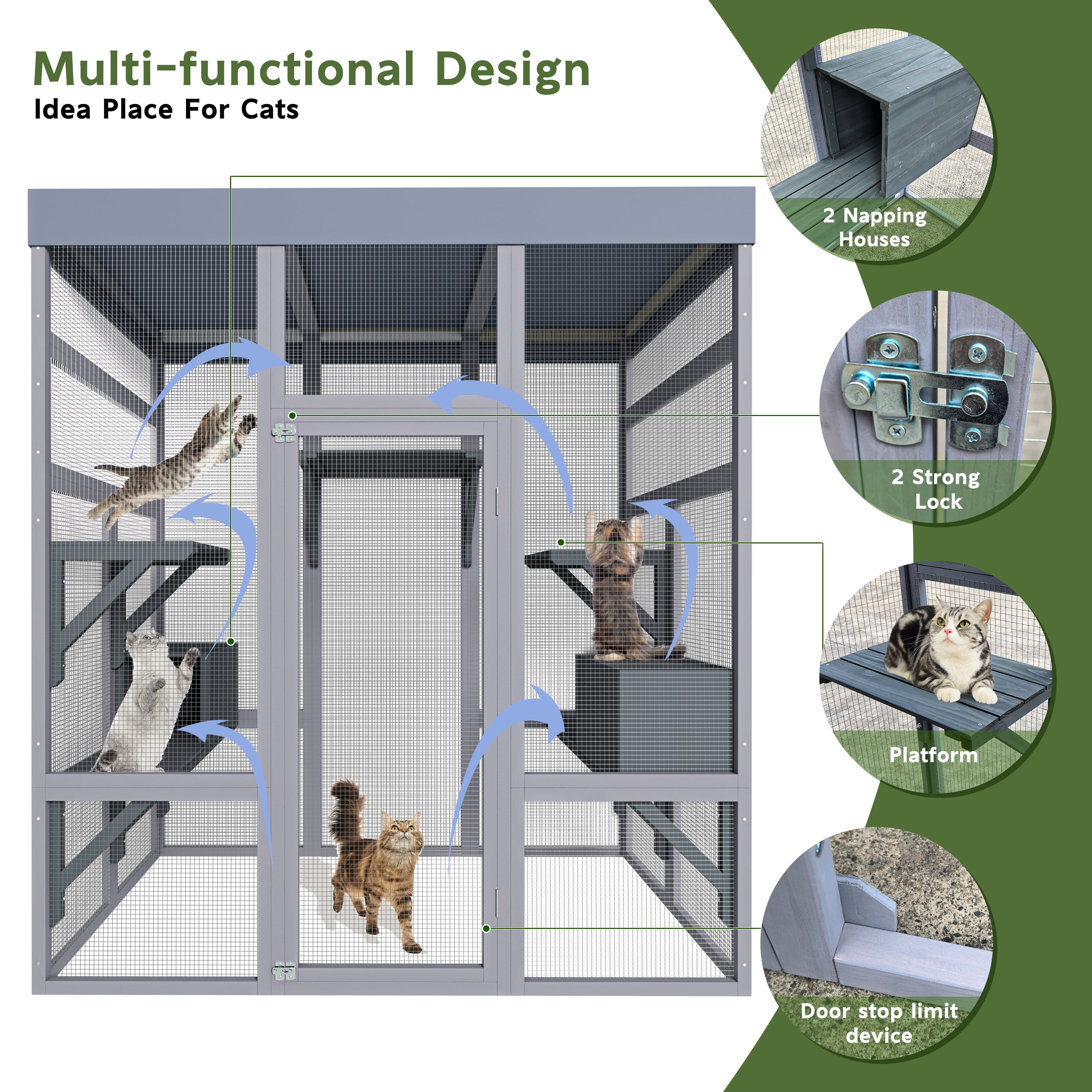 62.6" Wooden Catio, Large Cat Enclosure with Waterproof Cover, 2 Napping Houses, Multi-Platforms & Galvanized Metal Wire – Secure Outdoor Pet Cage Shelter