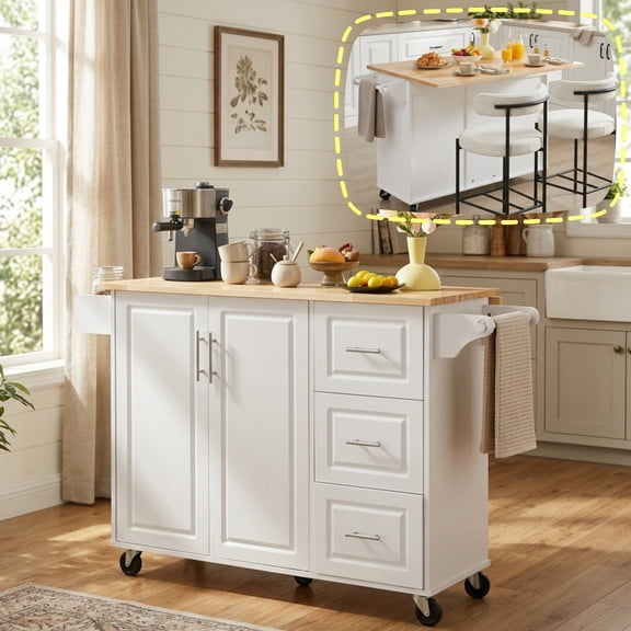 Garitin 54"Kitchen Island with Storage, Rolling Small Kitchen Island Cart on Wheels, Drop‑Leaf Countertop Microwave Utility Cart with 3 Drawers & 1 Storage Cabinet, White