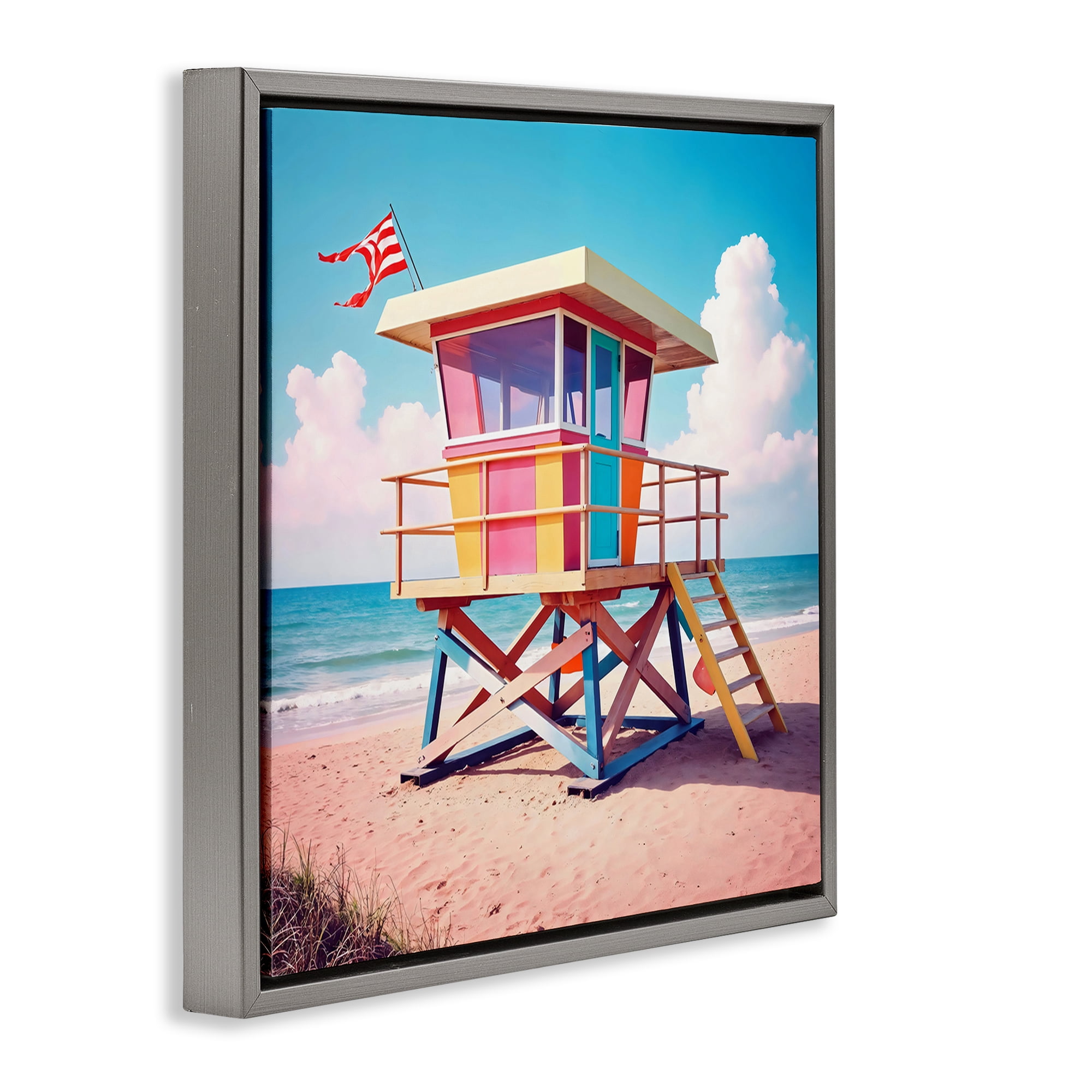 Stupell Industries Colorful Sunny Beach Tower Gray Framed Floater Canvas Wall Art, design by Creative Studio