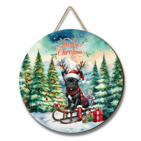 Merry Christmas Santa Reindeer Antlers French Bulldog Sleigh Xmas Winter Holiday Round Wood Sign Dog Lover Gifts Hanging Wall Home Decor - 00023