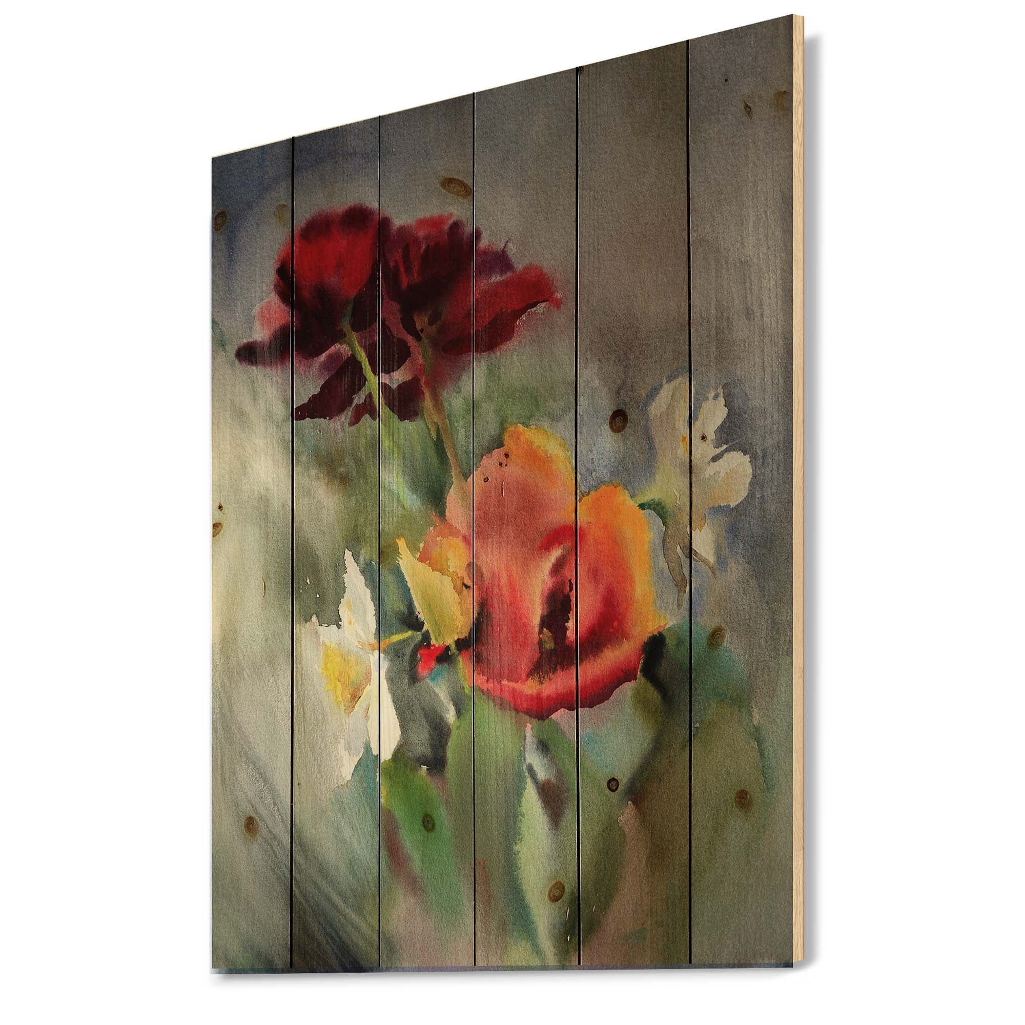 Designart 'Blossoming Vibrant Red Wildflowers' Traditional Print on Natural Pine Wood