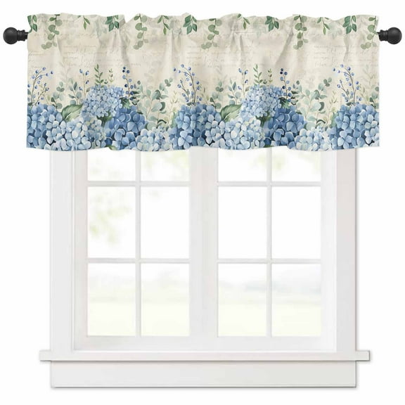 Rod Pocket Window Valances Blue Hydrangeas Flower on Vintage Letter Short Kitchen Curtains Green Leaves Window Treatment Drapes for Bedroom Bathroom Living Room 54x18In,1 Panel