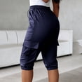thumbnail image 4 of Omexry Maternity Shorts Denim Plus Size Women's Casual Cargo Capris Elastic High Waisted Drawstring Knee Length Pants with Flap Pockets for Summer Daily Wear Dark Blue XL, 4 of 8