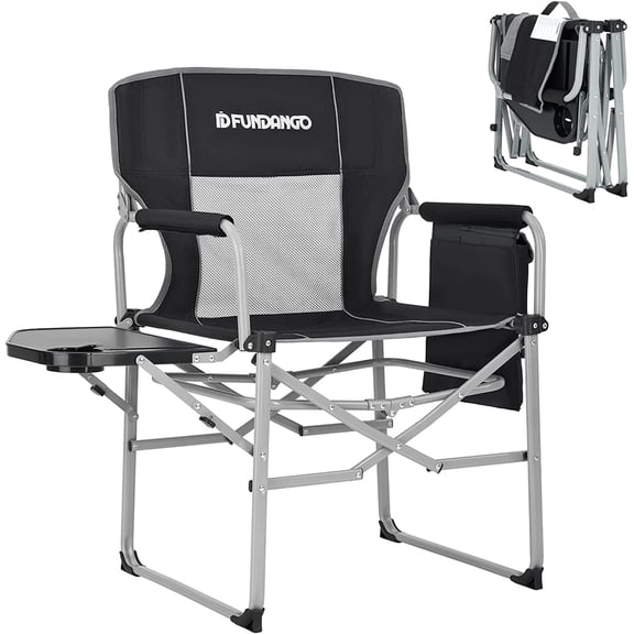FUNDANGO Black Heavy Duty Directors Chair with Side Table for Camping, Portable Folding Camping Chairs for Outside, Foldable Outdoor Chair Support 400lbs, Oversized Beach Chair for Sports, Black