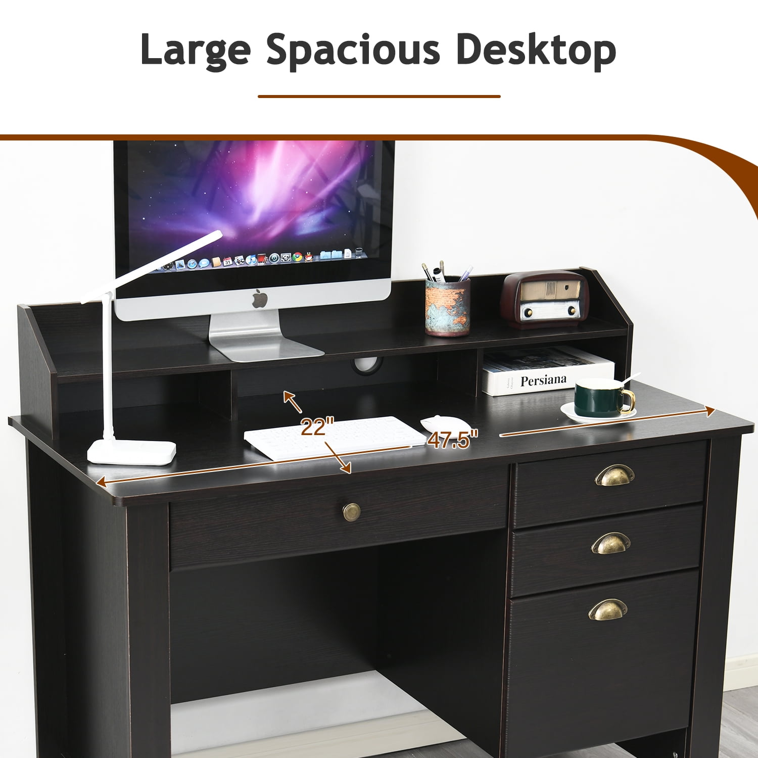 Catrimown Computer Desk, 47.5 in Wood Home Office Desk with Hutch and 4 Drawers, Monitor Stand, Espresso Brown