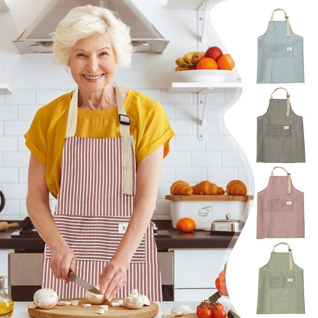 Linen Canvas Stripe Apron with Adjustable Bib & Shoulder Straps | Waterproof Oil-Proof Chef Cooking Apron with Front Pocket for Home Kitchen Studio | 25.6x27.6in | Red Gray Green Blue