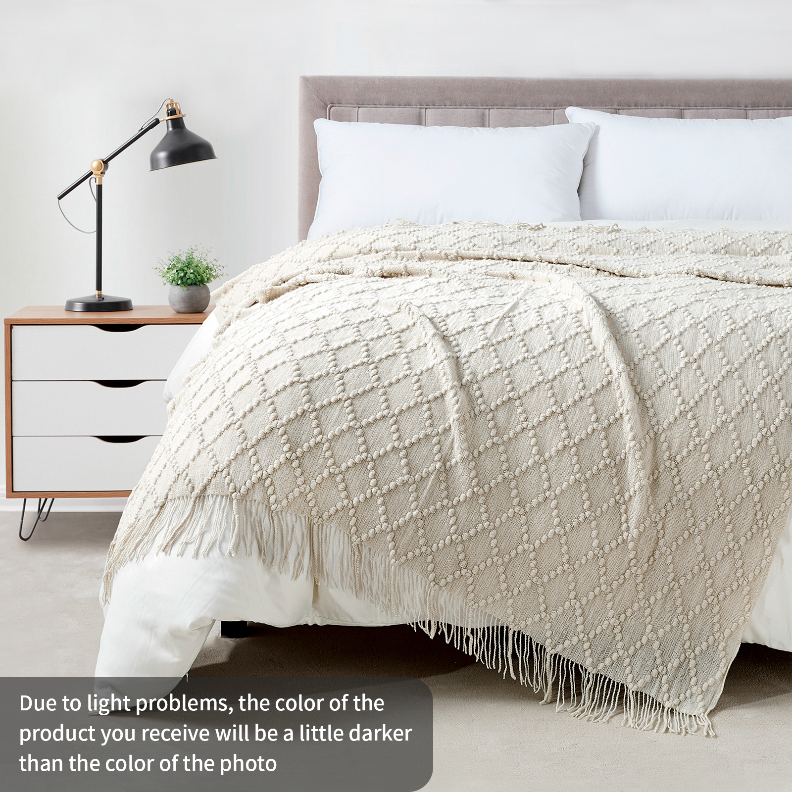 Bourina Texture Pure Color Soft Throw Blanket and Sofa Or Bed Knitted Decorative Blanket 50 x70 inches Jacquard Diamond Beige, for Adults.