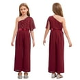 thumbnail image 1 of Linjinx Kids Girls Wide Leg Flared Rompers One Shoulder Ruffle Jumpsuit Wedding Pageant Gown Overalls Burgundy 6, 1 of 6