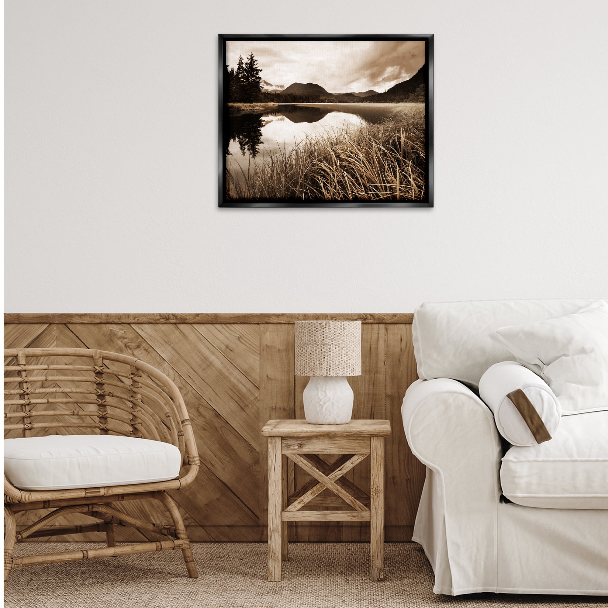 Stupell Industries Sepia Lake Reflection Landscape Photography Black Floater Framed Art Print Wall Art, 31 x 25