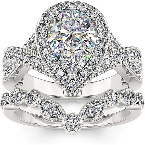 Dazzlingdaimonds Jewels 925 Sterling Silver 2.30 Ct Pear Cut White Diamond Wedding Engagement Thanksgiving Christmas Bridal Ring Set 14K White Gold Plated For Women's -8