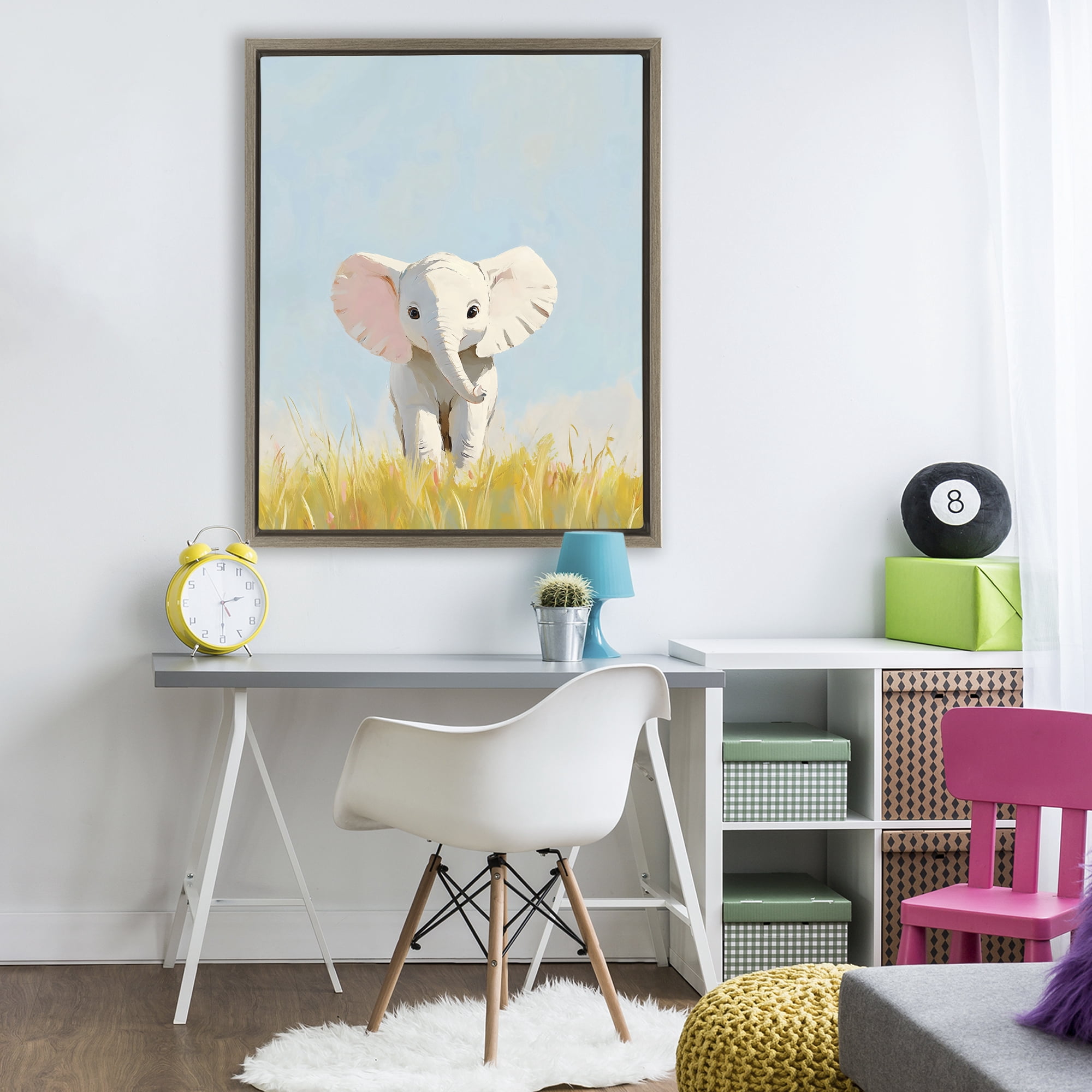 Stupell Industries White Baby Elephant in Grass Brown Framed Floater Canvas Wall Art, design by The Prints Vibe
