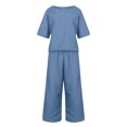 thumbnail image 6 of Dazajoo Women's Two Piece Outfits Casual Short Sleeve Linen Pant Sets Solid Color Round Neck Shirts 2025 Summer Lightweight Elegant Outfits,Sky Blue,S, 6 of 7
