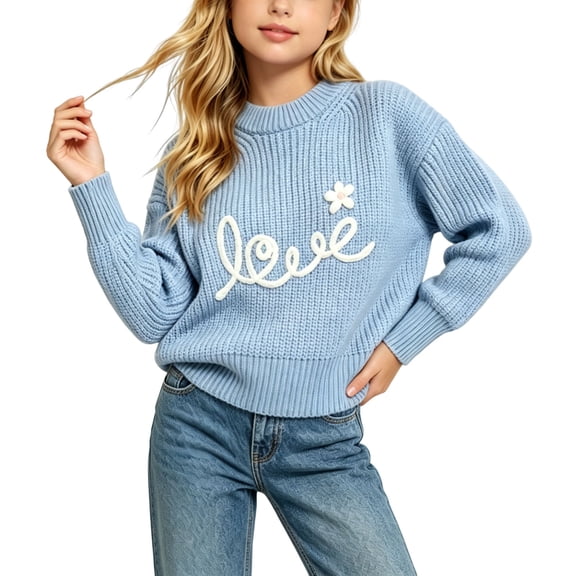 Cute Embroidered Sweaters Girls Casual Chunky Knit Oversized Sweater Winter Fall Pullover Tops Light Blue, 18 M