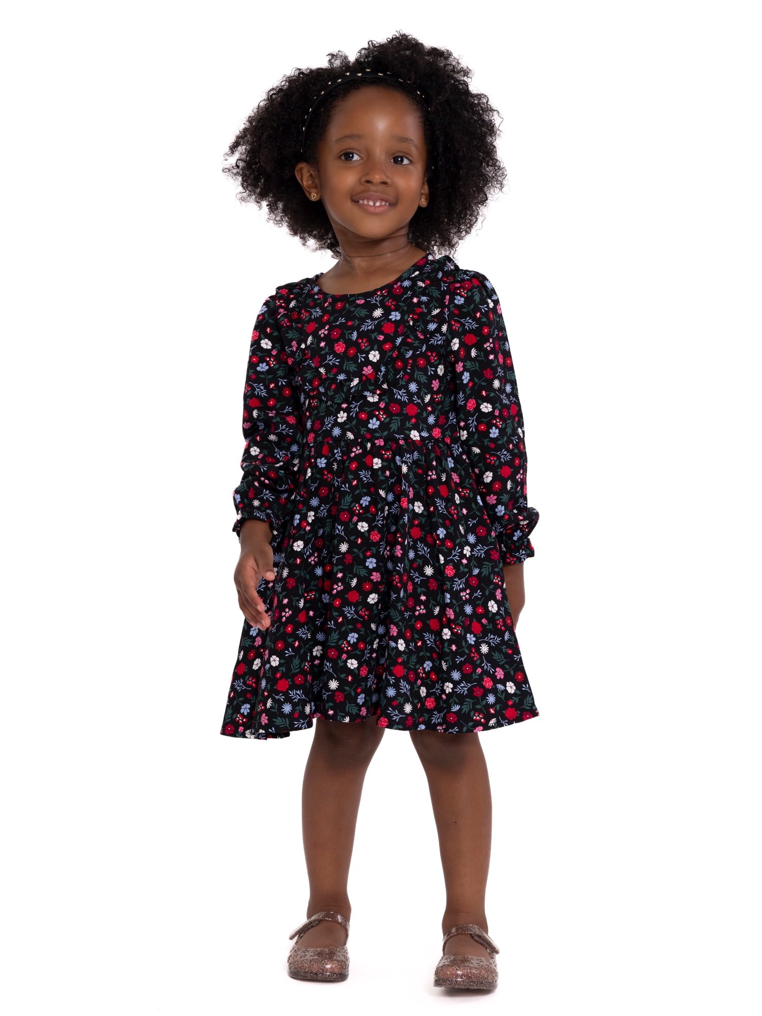 Wonder Nation Toddler Girls Ruffle Floral Print Dress, Sizes 12M-5T