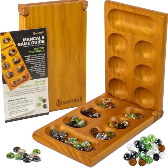 Queensell Mancala Board Game Wooden Folding Set with Magnetic Lock and 56 Stones
