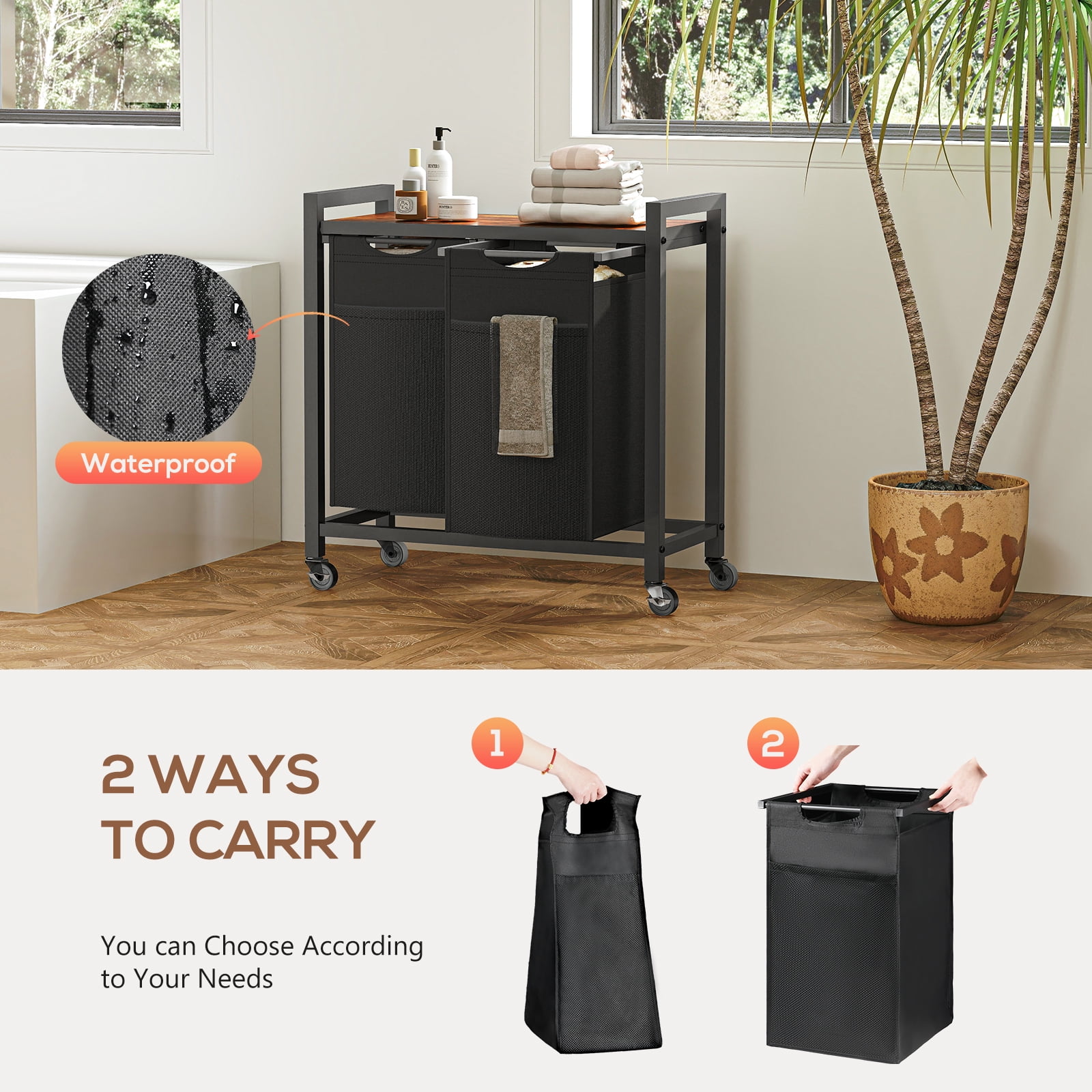 GIANNA Laundry Hamper, Laundry Basket with 2 Removable Bags, Laundry Sorter with Shelf, Metal Frame, 28.8 x 13 x 28.4 Inches, Rustic Brown and Black, 46L x 2(92L)