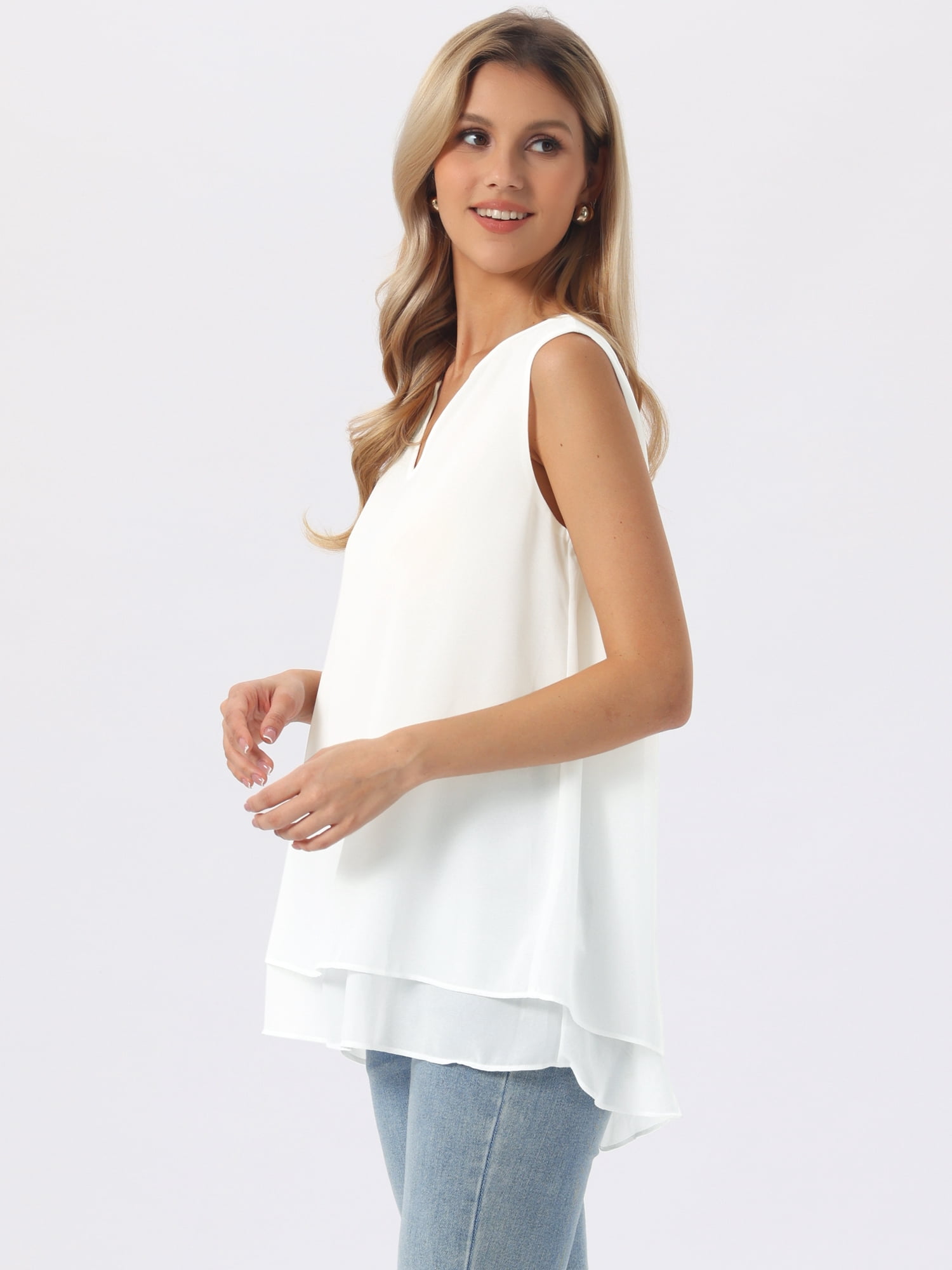 DARING DIVA Women's Chiffon V Neck Double Layer Flowy Tunic Shirts S White