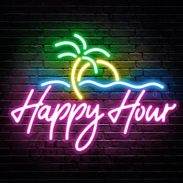 Letrero de neón Kavaas Happy Hour, 40 x 28 cm, con forma de palmera para casa y bar
