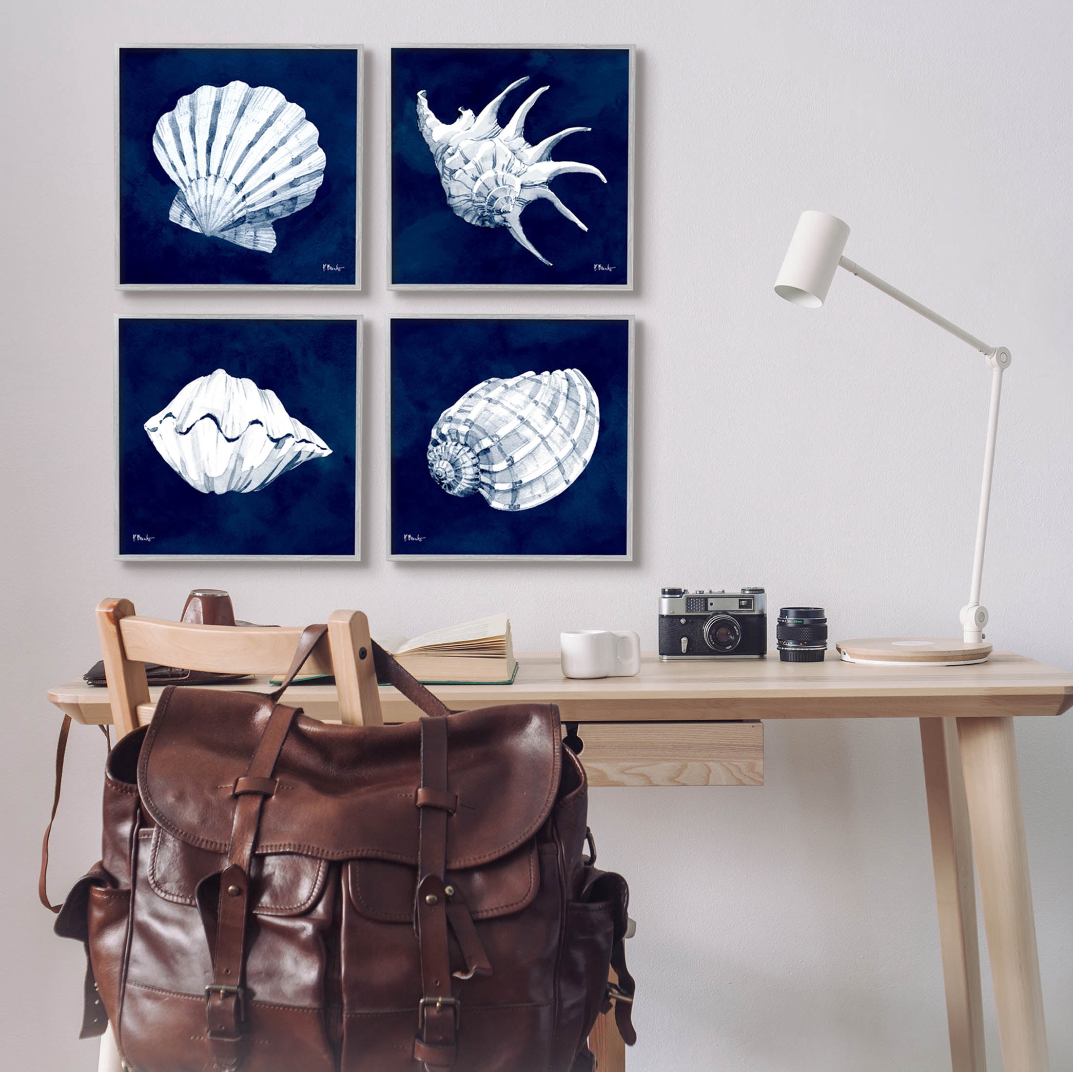 Stupell Industries Traditional Cyanotype Shells Graphic Art Gray Framed Art Print Wall Art, Set of 4, Design by Paul Brent
