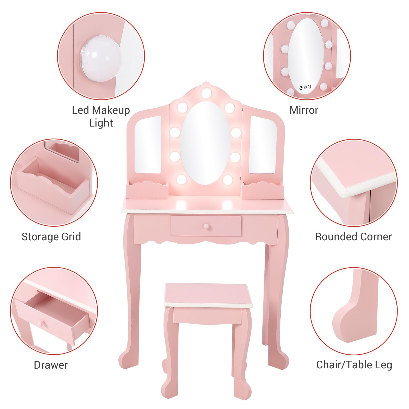 TROPOW Kids Vanity with 3 Mirrors and Stool, Girls Vanity with Wood Makeup PlaySets, Princess Vanity Table for Toddlers,Pink