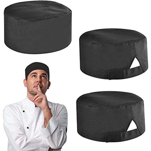 3 gorros de chef, gorro de cocina ajustable, gorro profesional de catering, gorro de servicio de alimentos, gorro de malla transpirable de chef con parte superior plana, gorro unisex para cocina, res