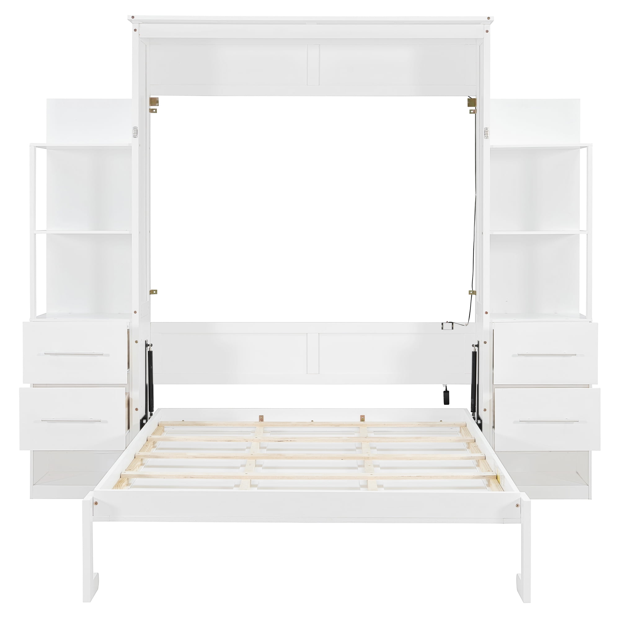 Mintazer Full Size Murphy Wall Bed with Storage Shelves & Drawers, Folding Bed with LED Lights for Guest Room Home Office, White