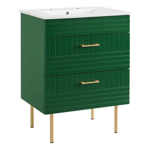 Pemberly Row 24" Modern Wood/Ceramic Bathroom Vanity with Gold Legs in Green