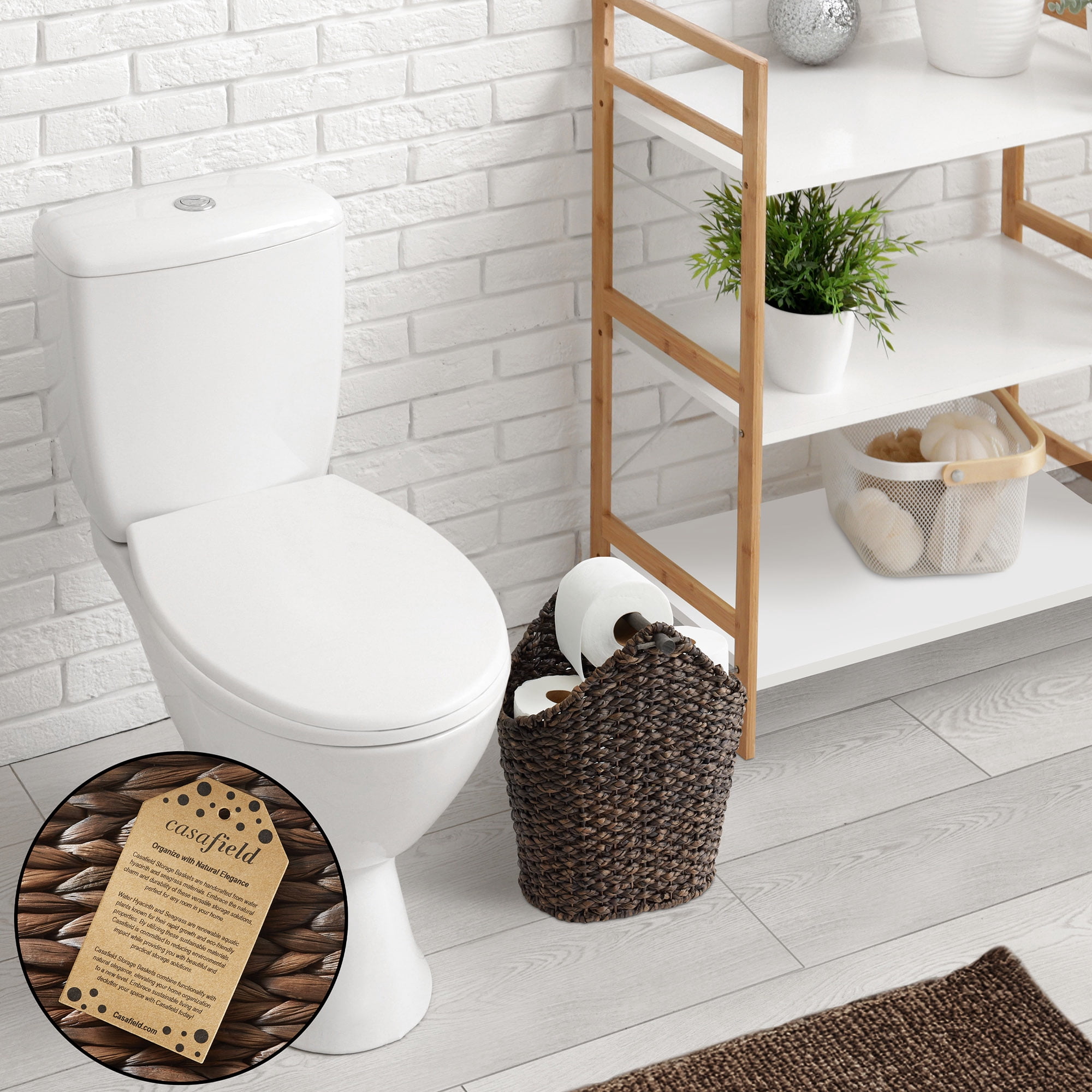 Casafield Toilet Paper Roll Holder Storage Basket with Wood Bar - Natural, Woven Water Hyacinth Wicker Bathroom Tissue Storage Organizer