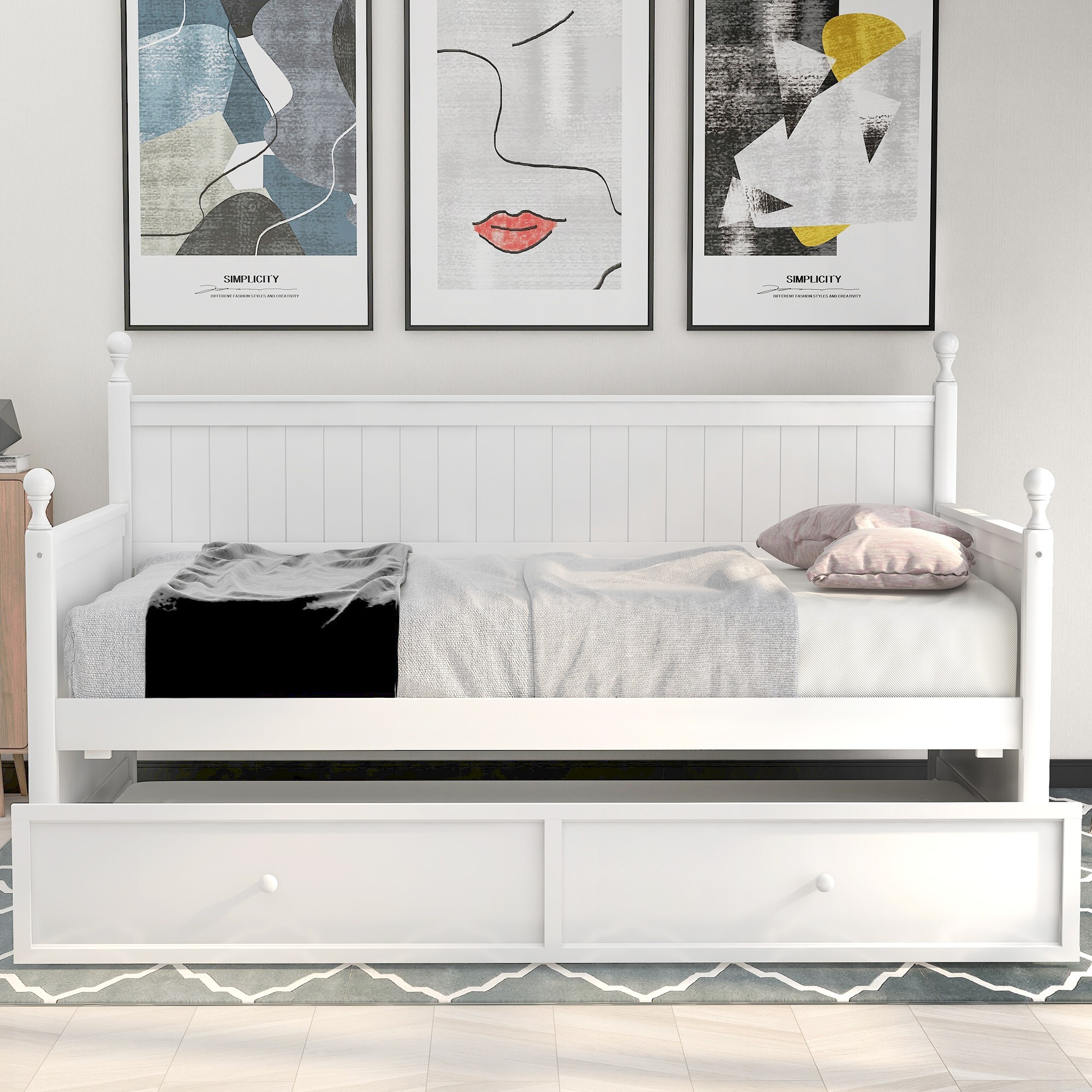 AENKYO Solid Pine Wood Twin Daybed with Trundle, 2-in-1 Convertible Sofa Bed for Guest Room/Kids Room, White