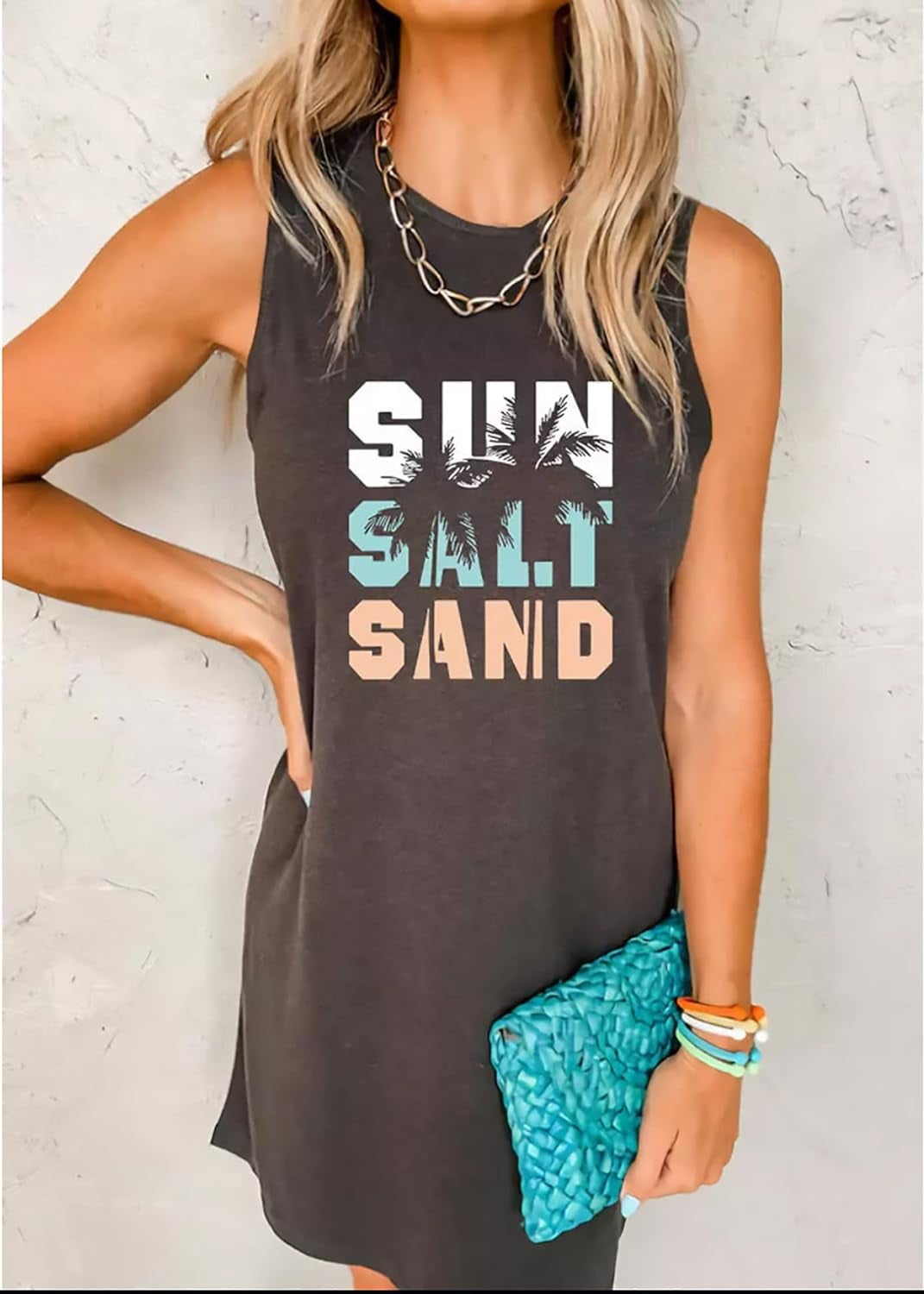 Sun Salt Sand Coconut Tree Sleeveless Mini Dress Casual Sleeveless Summer Beach Vacation Women Workout Mini Dress