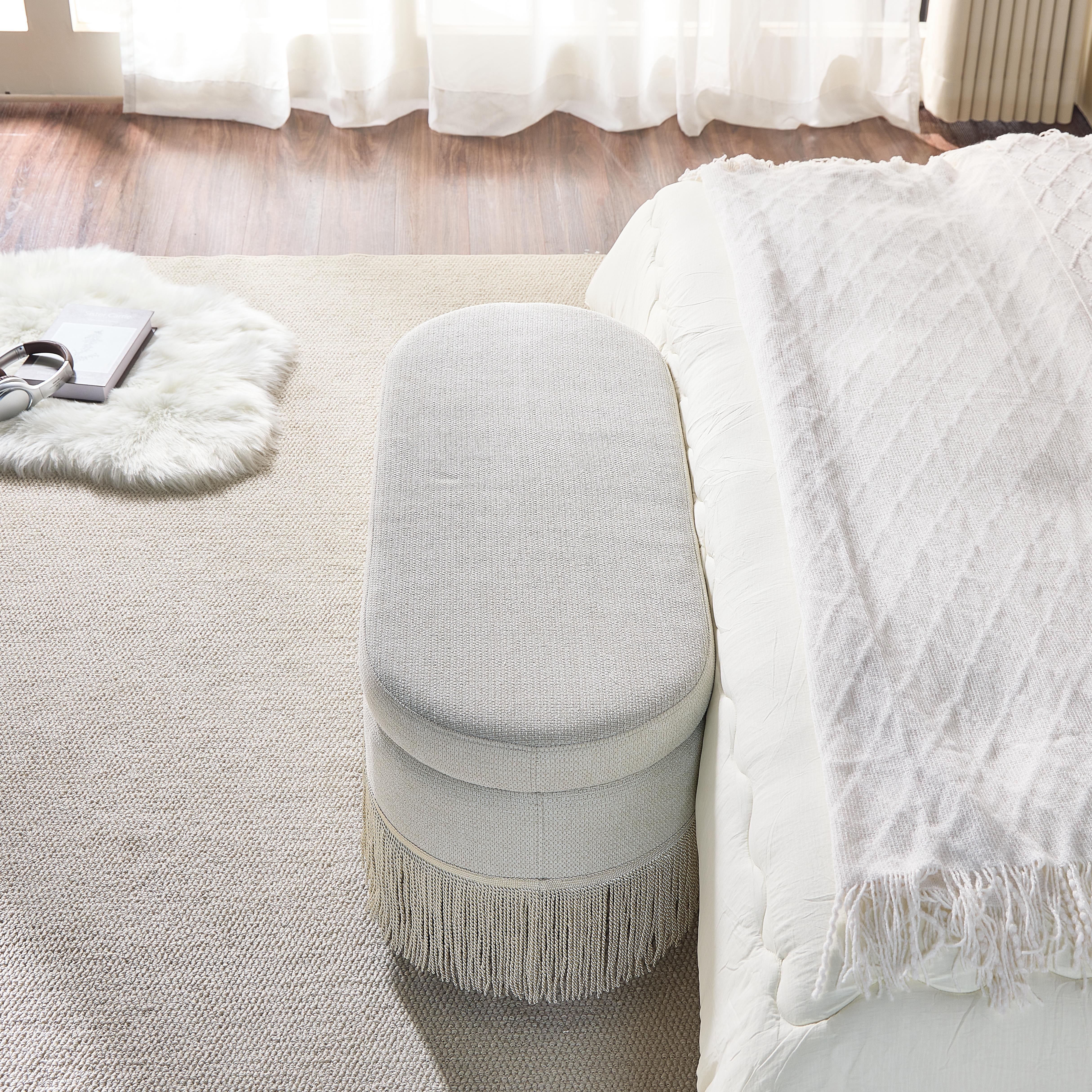 Mintazer 39.4" Oval Storage Ottoman with Tassel Trim, Linen Upholstered Bench with Hidden Storage for Bedroom Living Room, Beige