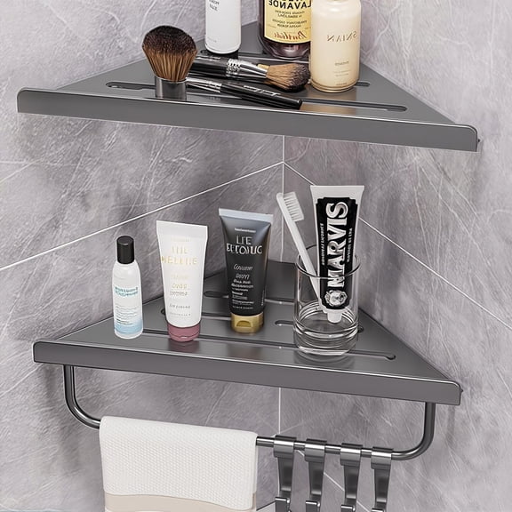2 Pack Shower Corner Shelf,Bathroom Shower Organizer Corner Shower Caddies with 4 Hooks,Rust Proof Corner Shower Caddy, Grey