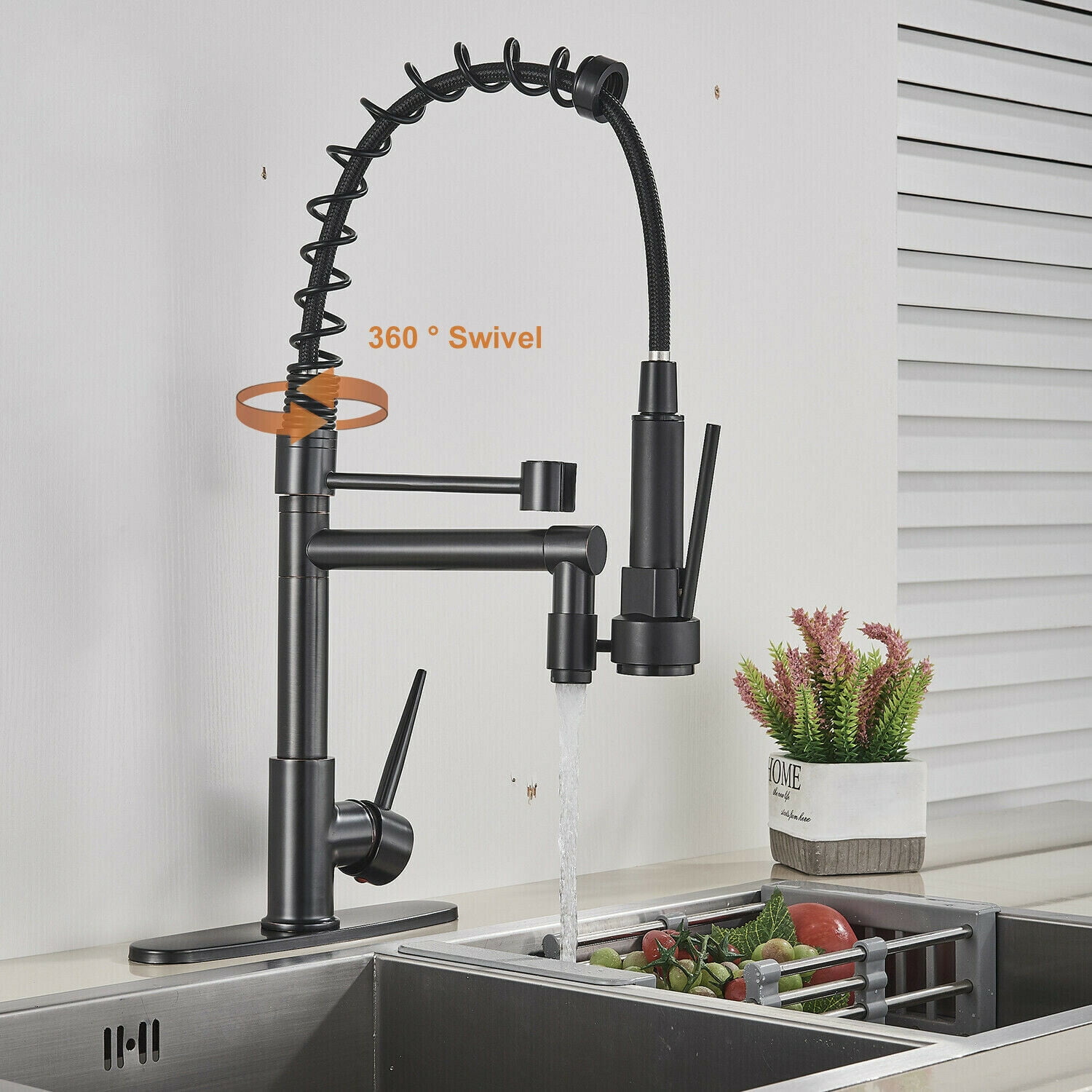 Spring Kitchen Sink Faucet Pull Down Sprayer with Cover Plate Black Bronze Mixer