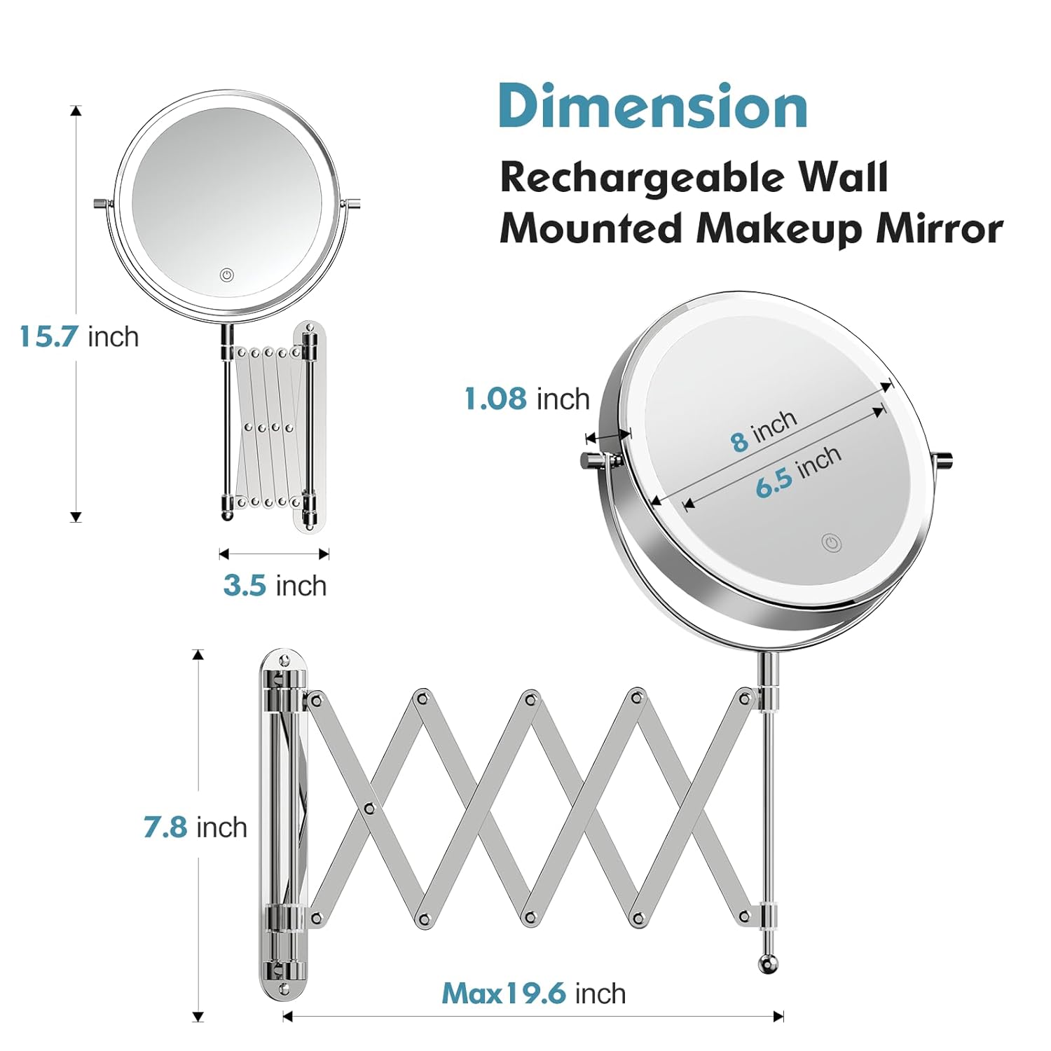 Funtouch Rechargeable Wall Mounted Makeup Mirror 8 Inch photo 5