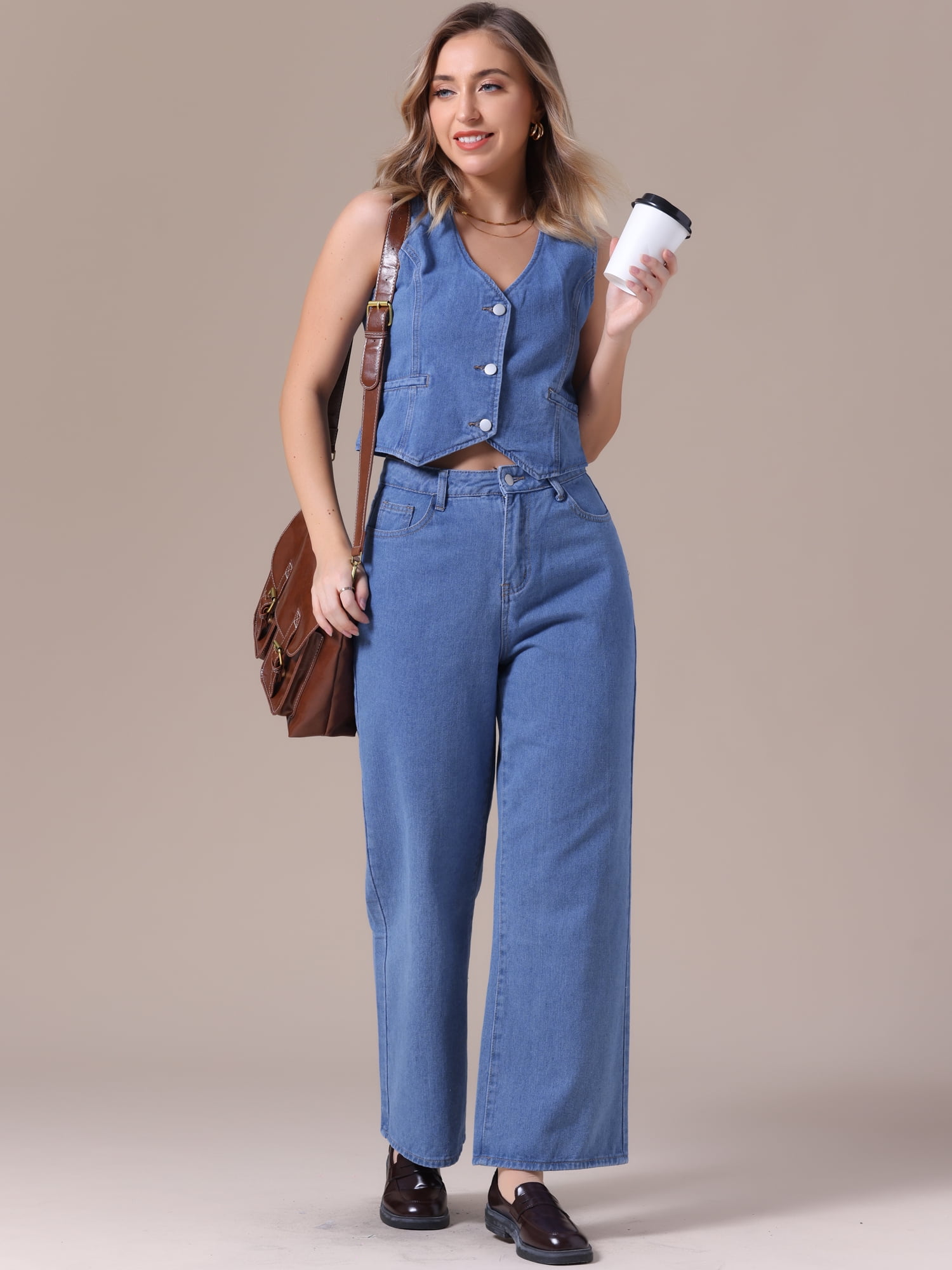 DARING DIVA Women's Denim Set 2 Pieces Outfits Matching Wide Leg Jeans 2XL Blue