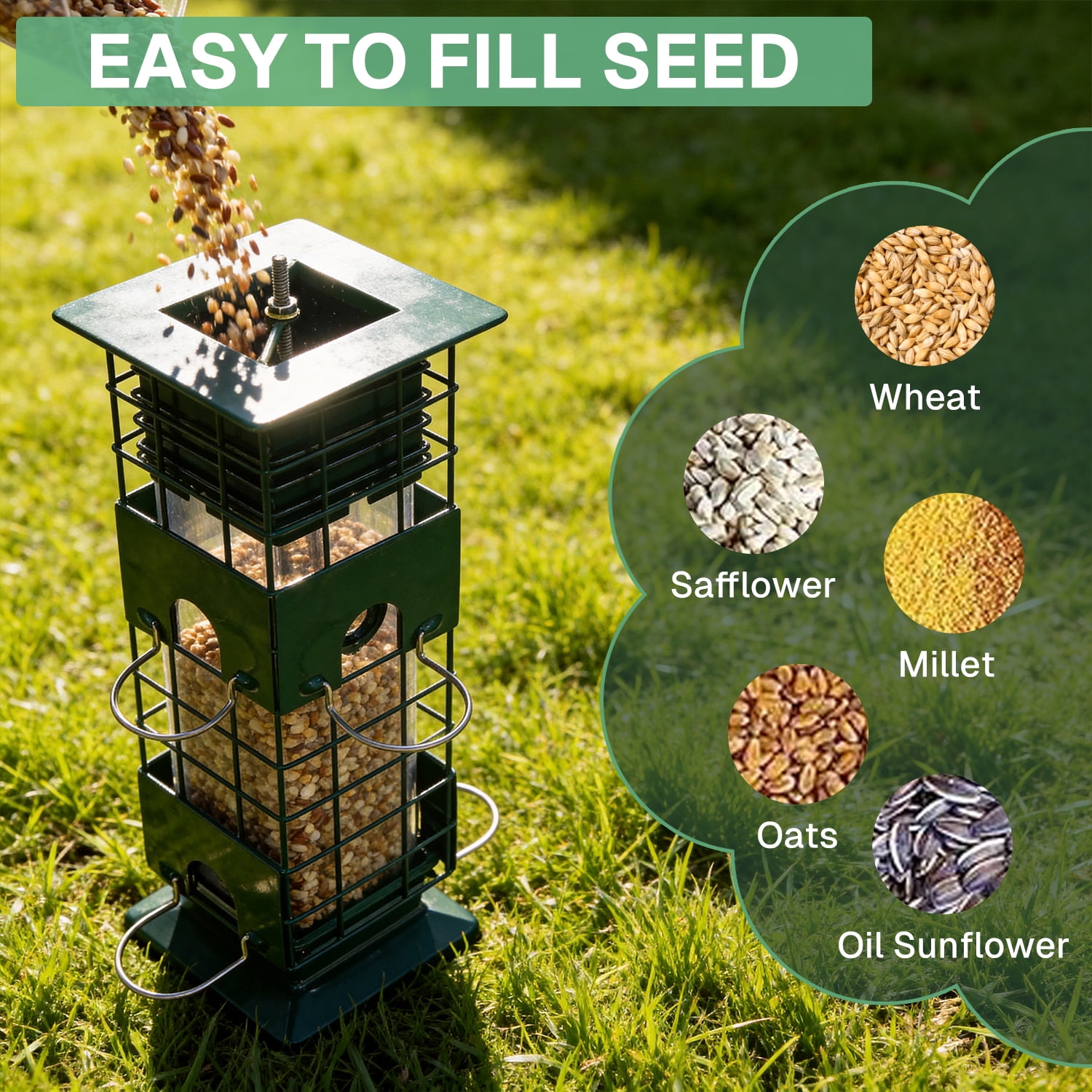 BN-LINK Squirrel Proof Bird Feeder, Metal Bird Feeder with 4 Ports, Chewing Proof& Rust-Resistant, 3 lb Capacity, Outdoor Hanging Birdfeeder for Wild birds,Green