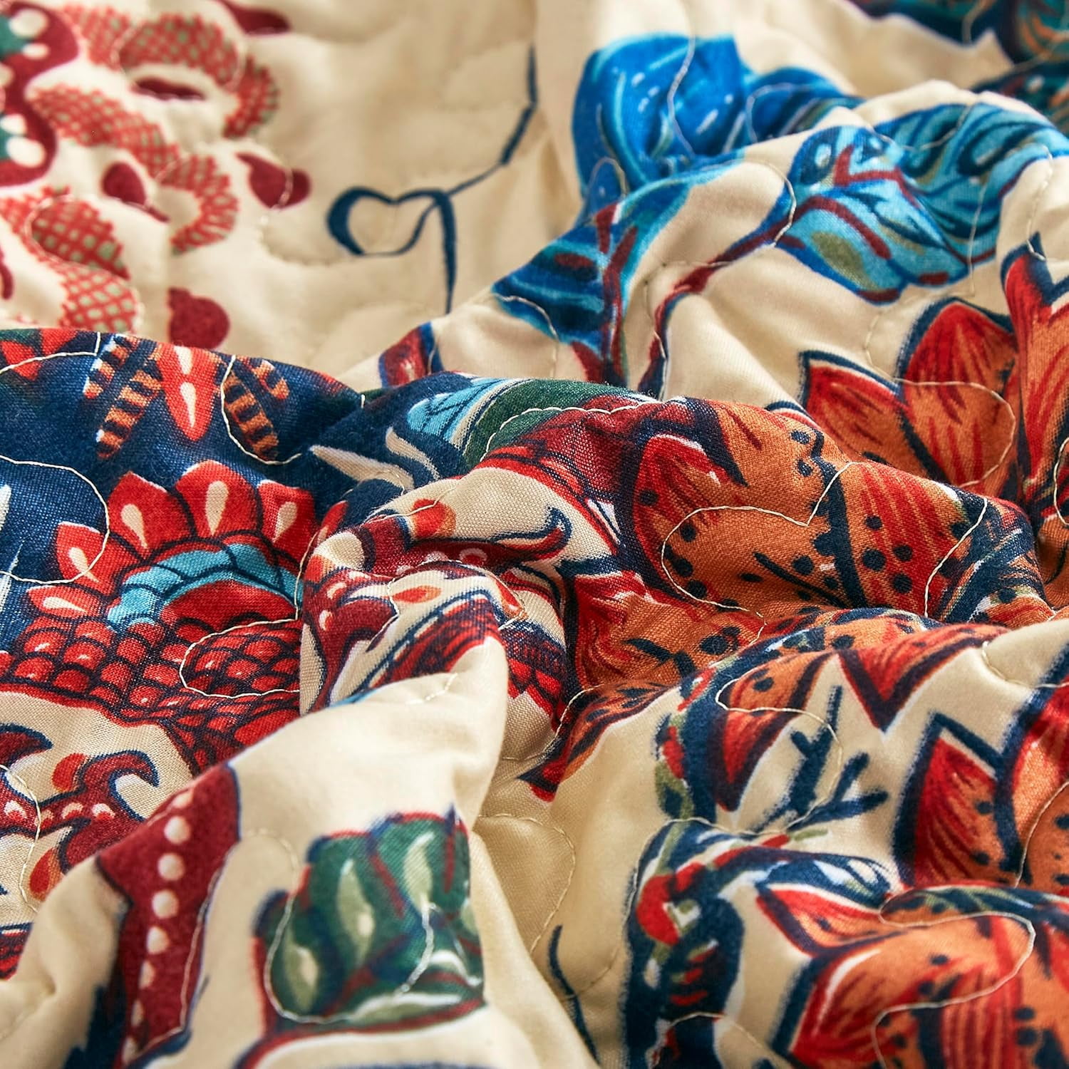 Chezmoi Collection Paradise 3-Piece Floral Quilt Set King, Multicolor Blue Red Orange Cream Printed Microfiber Lightweight Bedspread Set for All season
