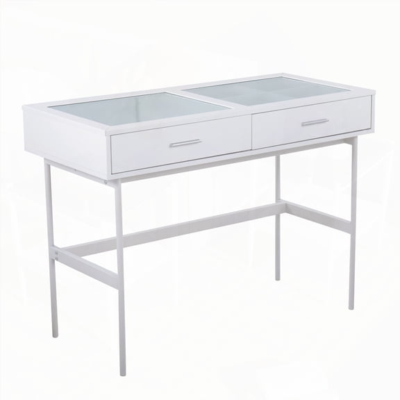 Emery Console Table by LumiSource in White Wood with White Steel and Glass Top - Perfect for Living Room, Entryway, or Dining