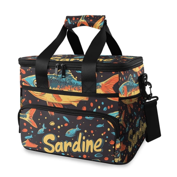 FORMRS Insulated Cooler Bag 24 Cans Capacity Soft Leakproof Lunch Box with Side Pockets, Black Sardines Pattern