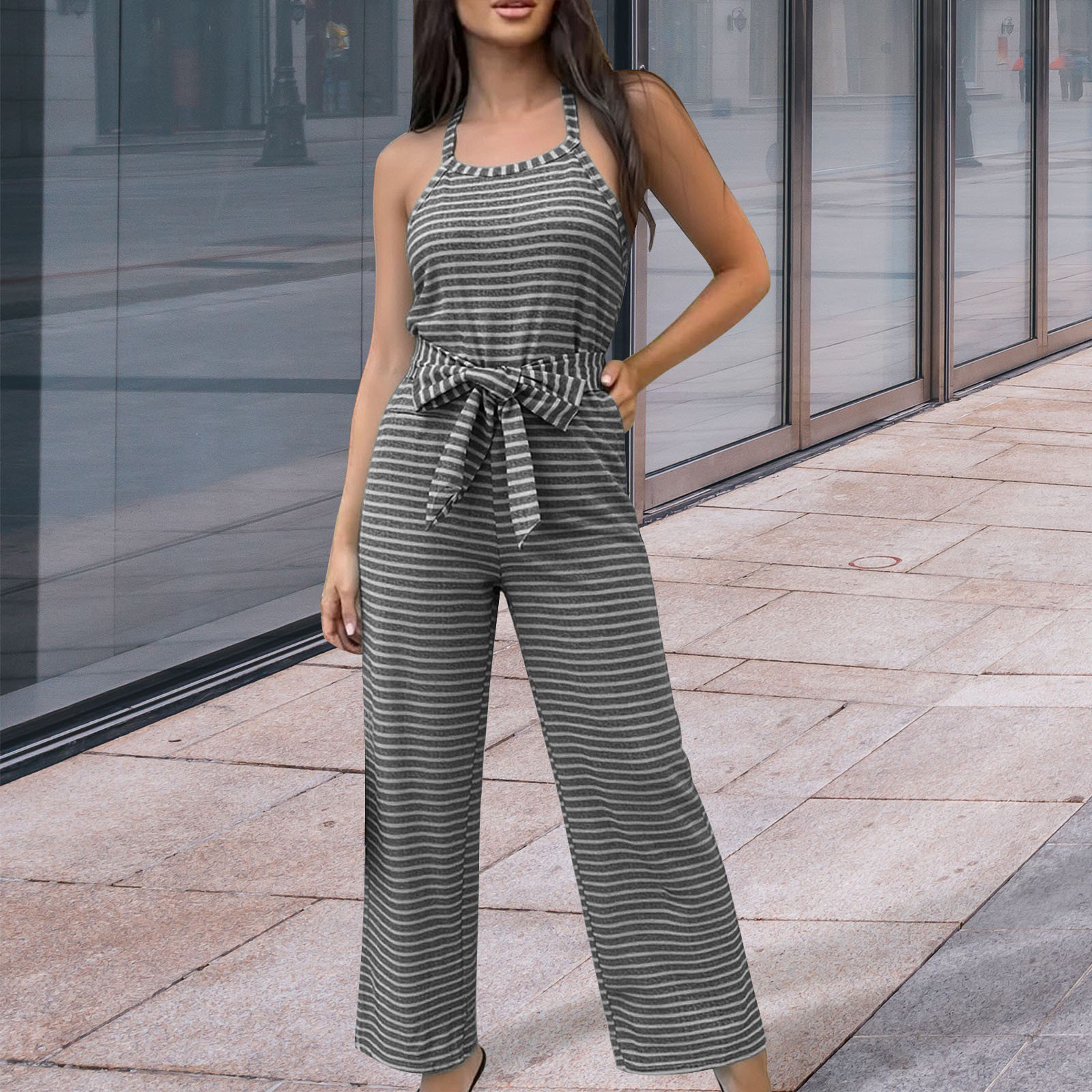 Women s Striped Sleeveless Round Neck Jumpsuit Waist Tie Casual Off Shoulder Belted Wide Leg Pants with Pockets Slimming Fashion One Piece Outfit for Summer Casual Wear Black XL