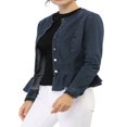 thumbnail image 4 of Allegra K Women‘s Round Neck Button Down Ruffled Hem Cropped Washed Denim Jacket, 4 of 6