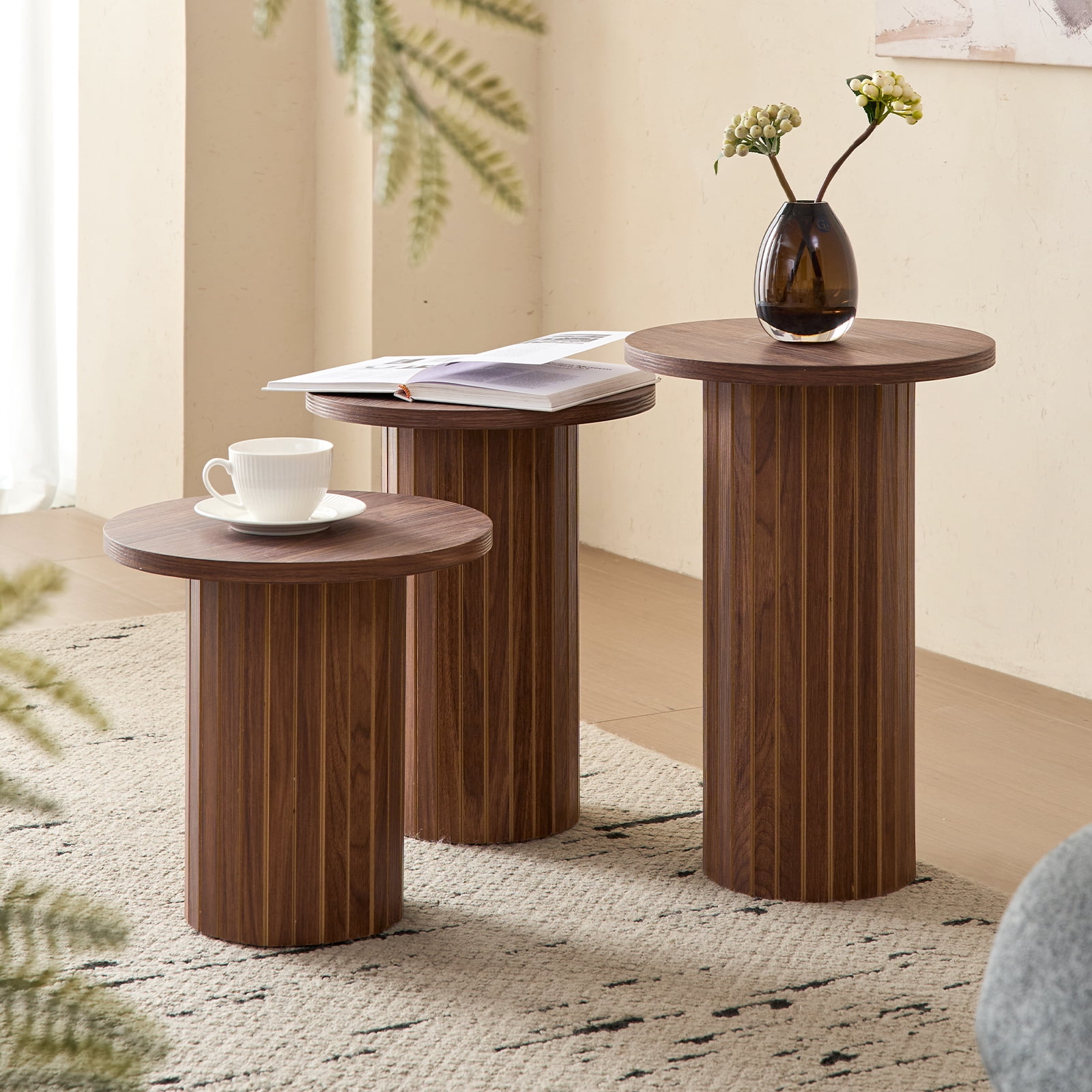 3-Piece Nesting Coffee Table Set, Modern Small Round Wood Side Tables, Fluted Drum Base, for Living Room, Bedroom, Apartment, Small Space, Sofa, Brown