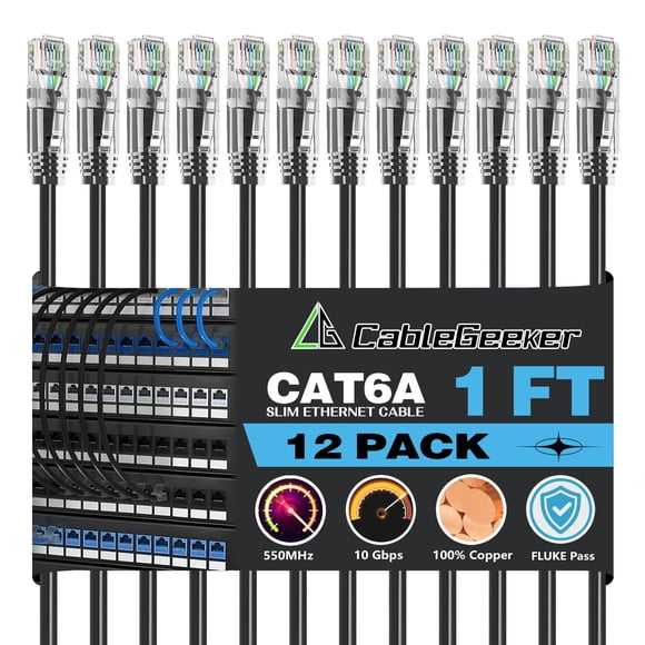 CableGeeker Cat6A Ethernet Patch Cable 1ft-12Pack Black, High-Speed 10Gpbs, 550MHz Slim Patch Cable