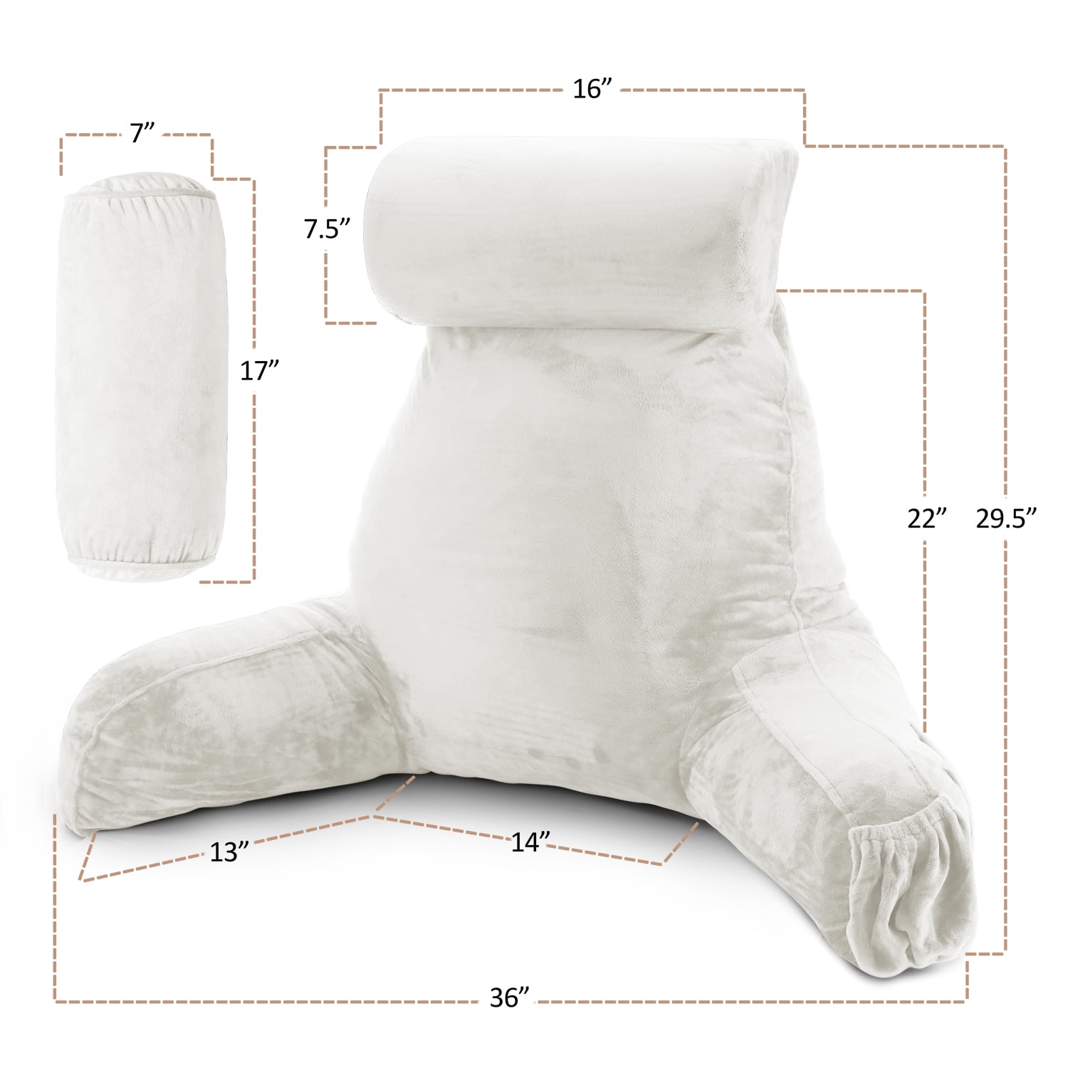 LAMMALOE Reading Pillow , Backrest Pillows with Arms, Plush Back Pillow Detachable Neck Roll, Shredded Memory Foam Bed Rest Pillow, Large, White