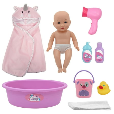 Little Darlings: Wash N' Play Baby Set - 12" Doll, Pink & Purple - 7pc Bath Care Toy Accessories, Unicorn Cover-Up Blanket, Hard Body, Kids-Toddler 2 
