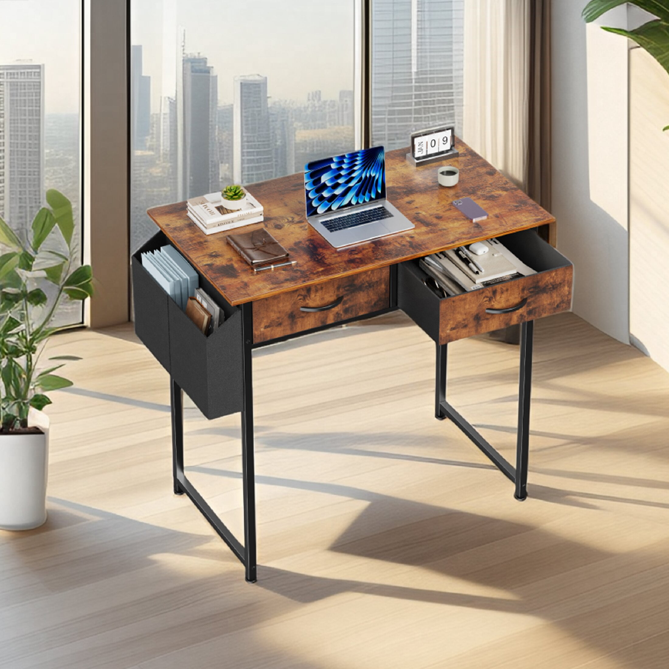 CONCETTA 32 Inch Computer Desk, With Drawers Storage Bag for Adult, For Home Office Bedroom, Rustic