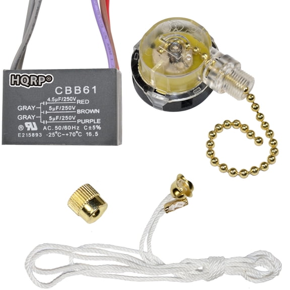HQRP Kit Ceiling Fan Capacitor CBB61 4.5uf 5uf 5uf 5-Wire and 3-Speed Fan Switch