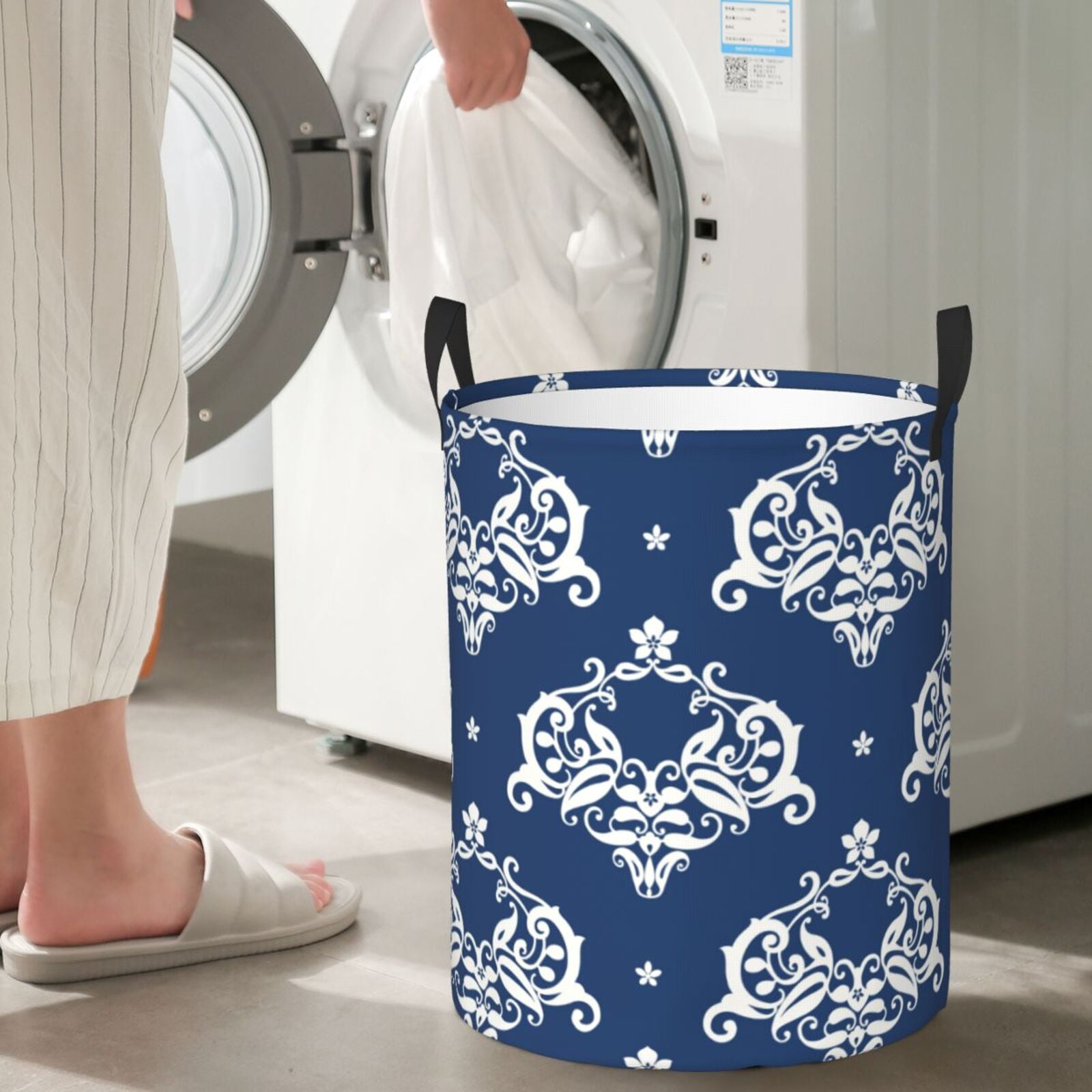 Large Laundry Basket with Handles - Traditional vintage navyblue print Kids Baby Dirty Clothes Laundry Hamper for Bedroom Aesthetic